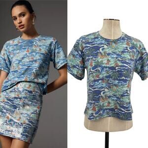 Le Superbe Fringed Tee Shirt Short Sleeve Hawaiian Print‎ Blue Size Small